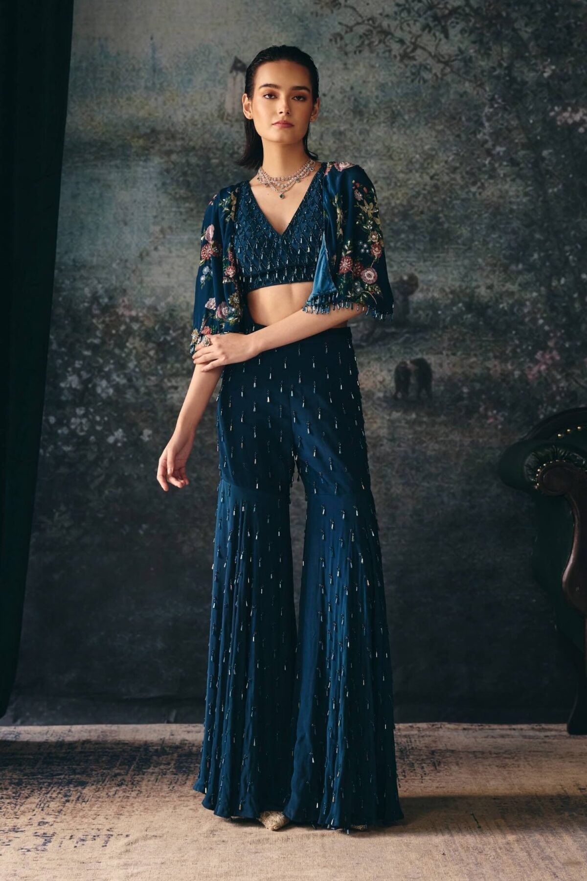Elysia teal printed cape, blouse and gharara