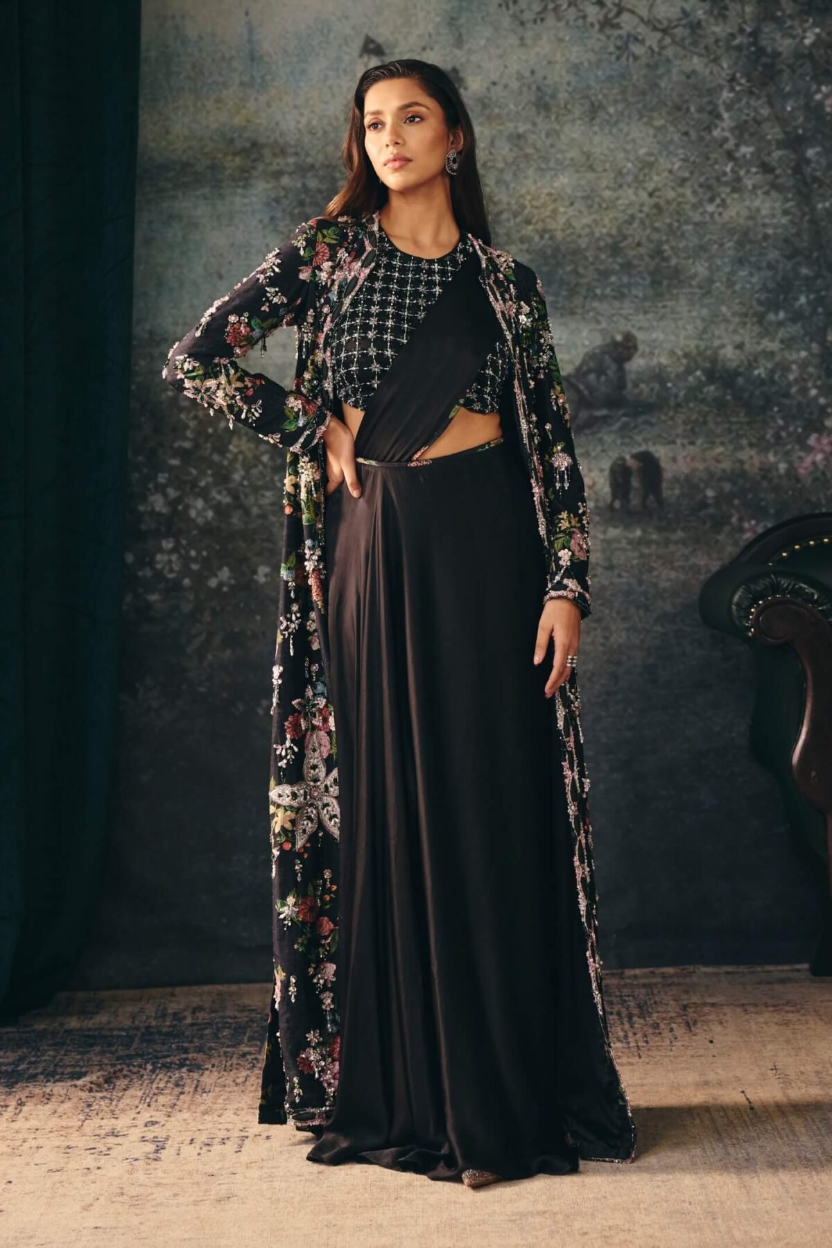 Anneliese black jacket, blouse and drape sari