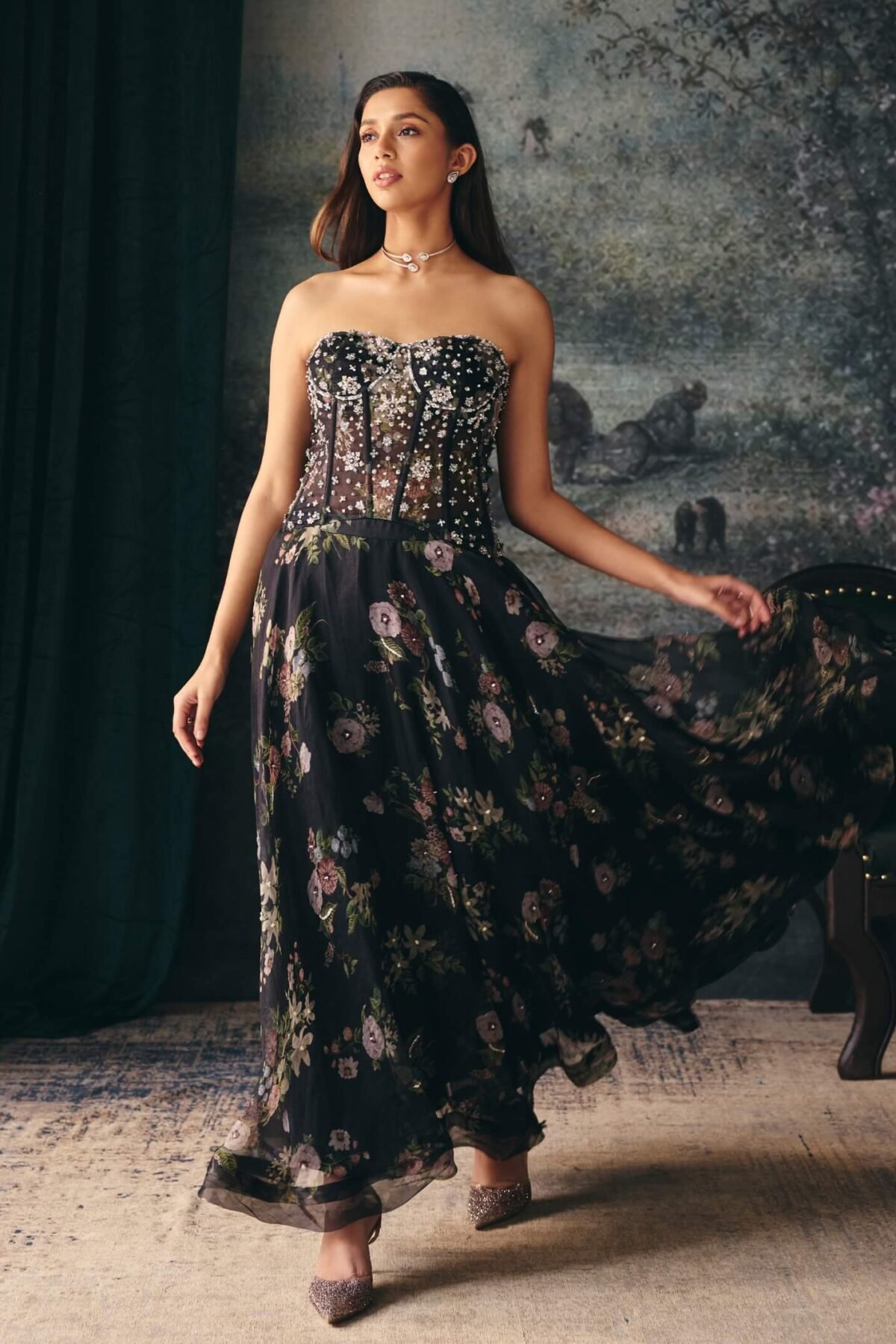 Elara black corset and midi skirt