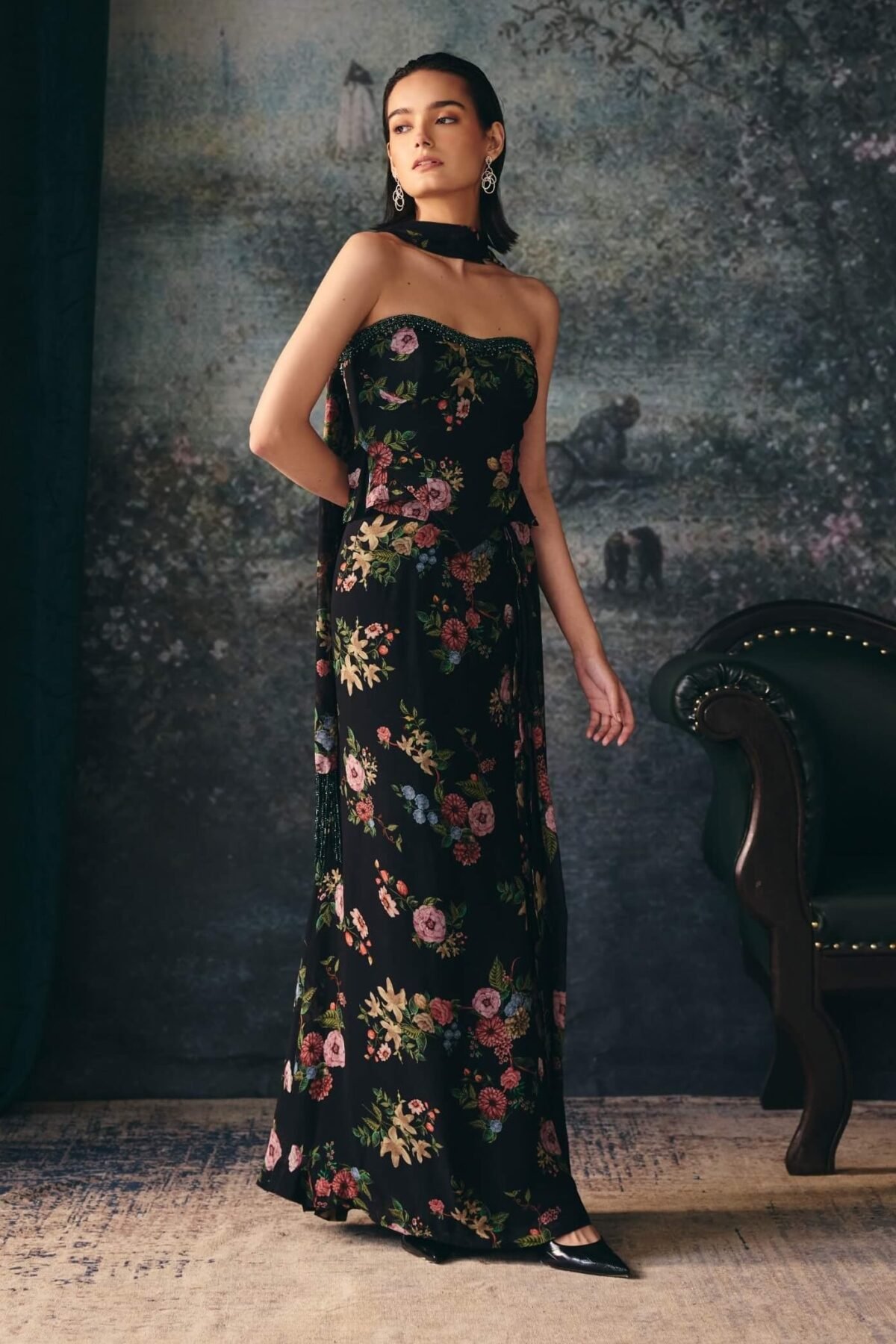 Mirabel black corset and drape skirt with stole