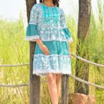 Blue Printed Crochet Mini Dress