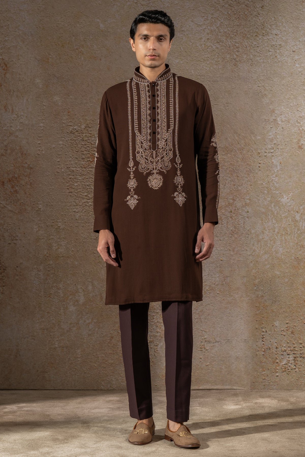 Golden Light Pearl-Embroidered Short Kurta with tousers