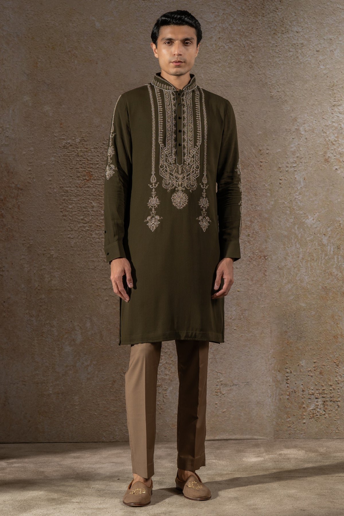 Golden Light Pearl-Embroidered Short Kurta with tousers