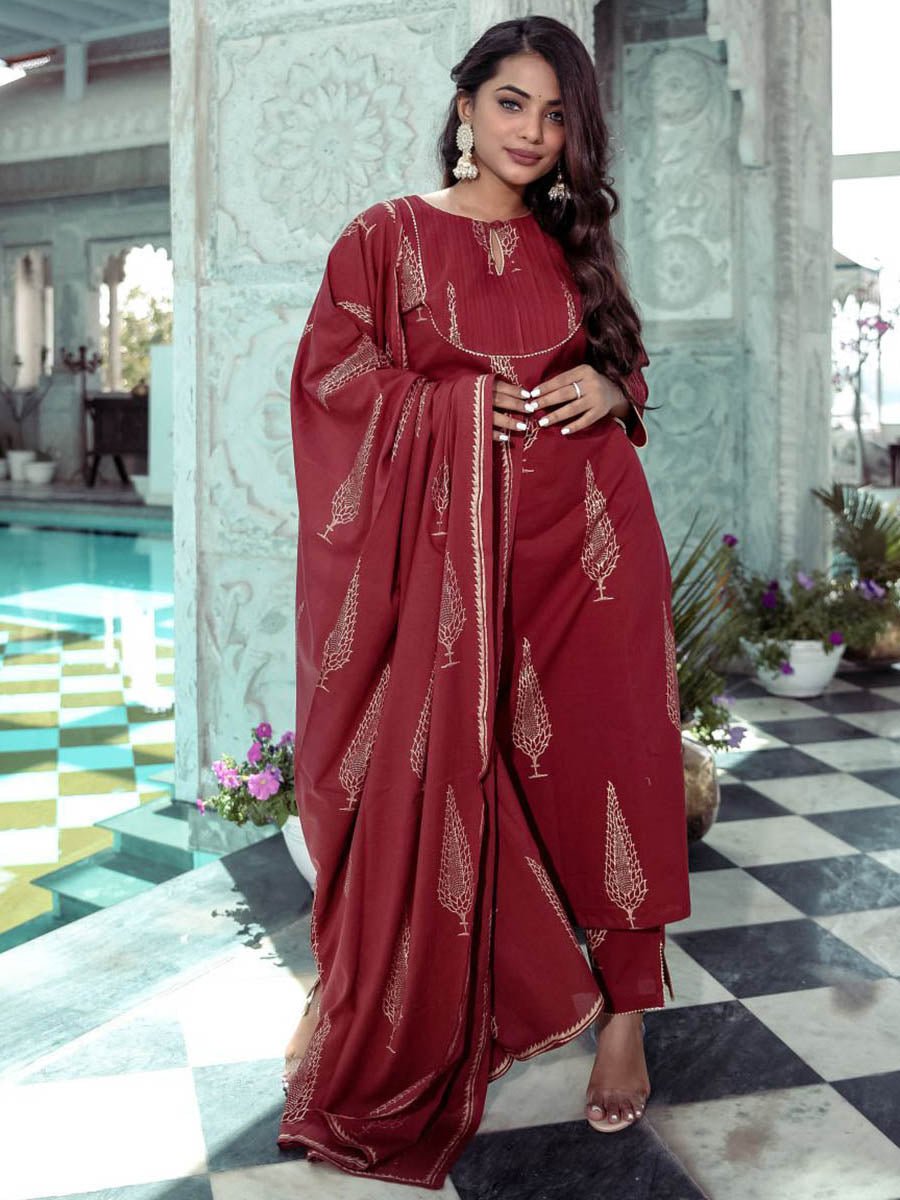 Maroon Printed Kurta Sets