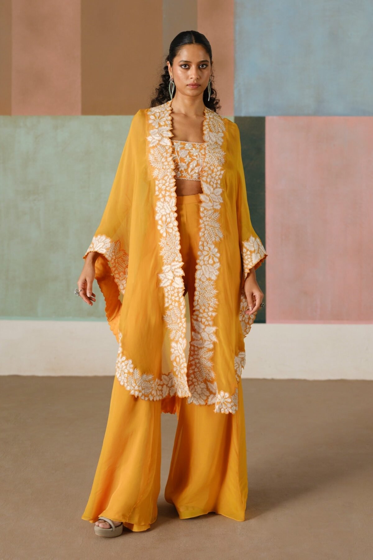 Lea tangerine cape and flared pant set