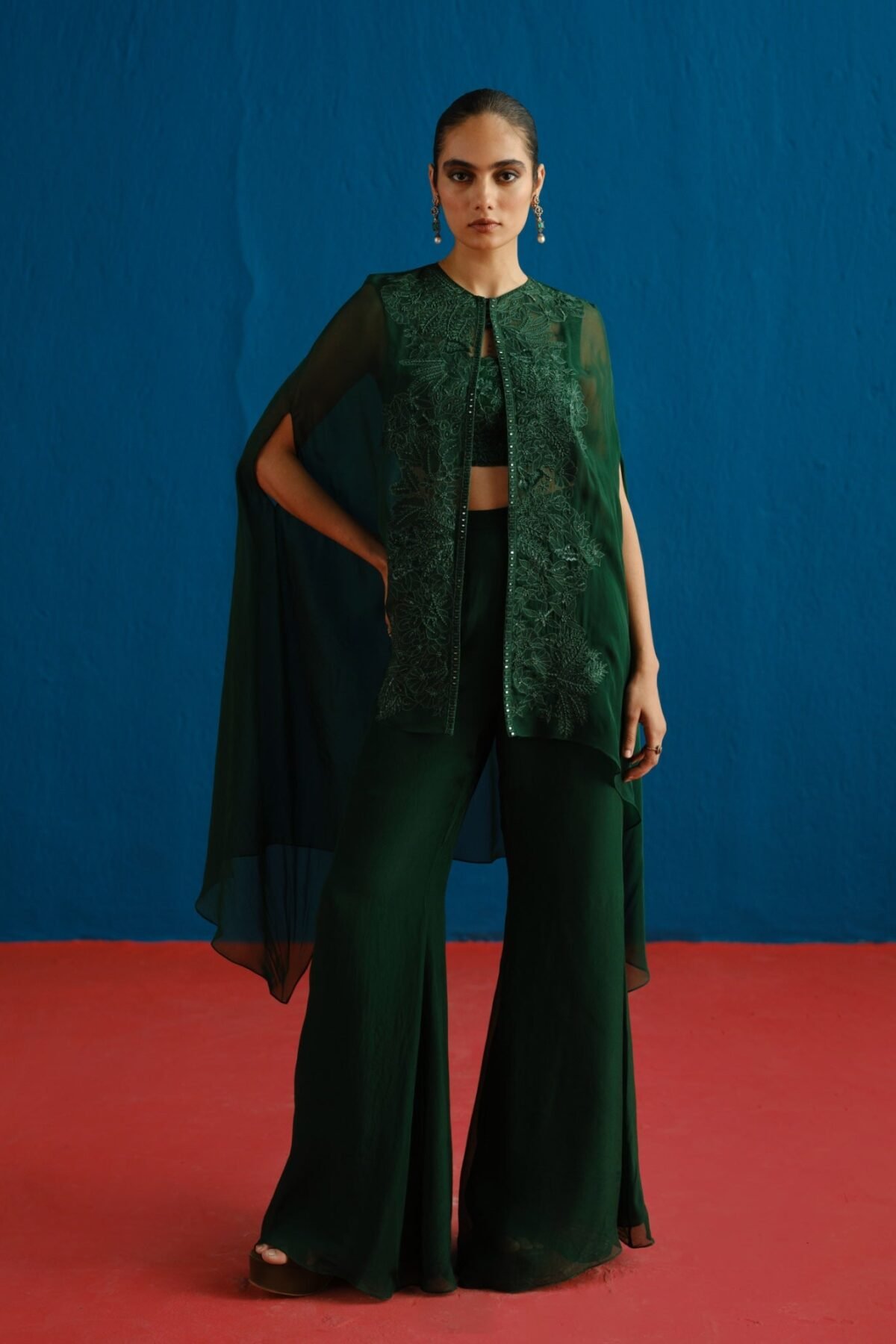 Aurea dark green cape and pant set