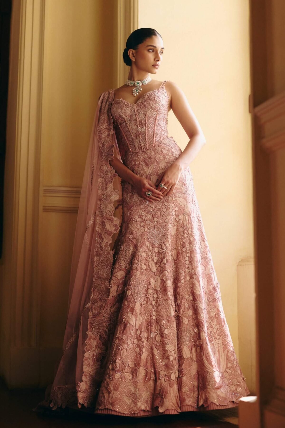 Mishika muted pink corset lehenga set
