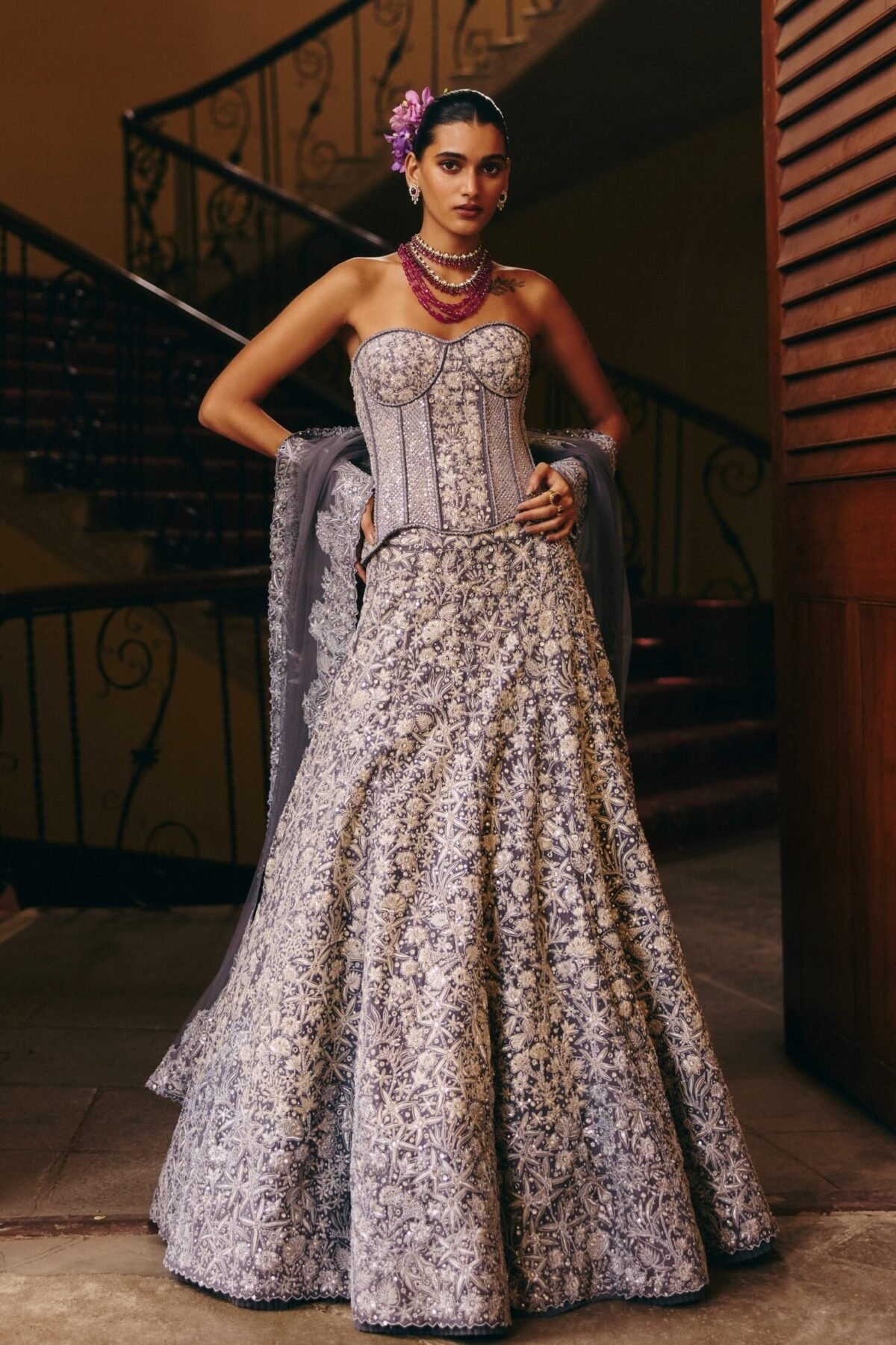 Zyra gun metal corset lehenga set