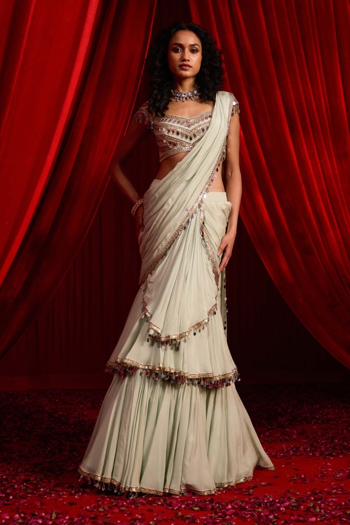Sage green bandhana sari and blouse