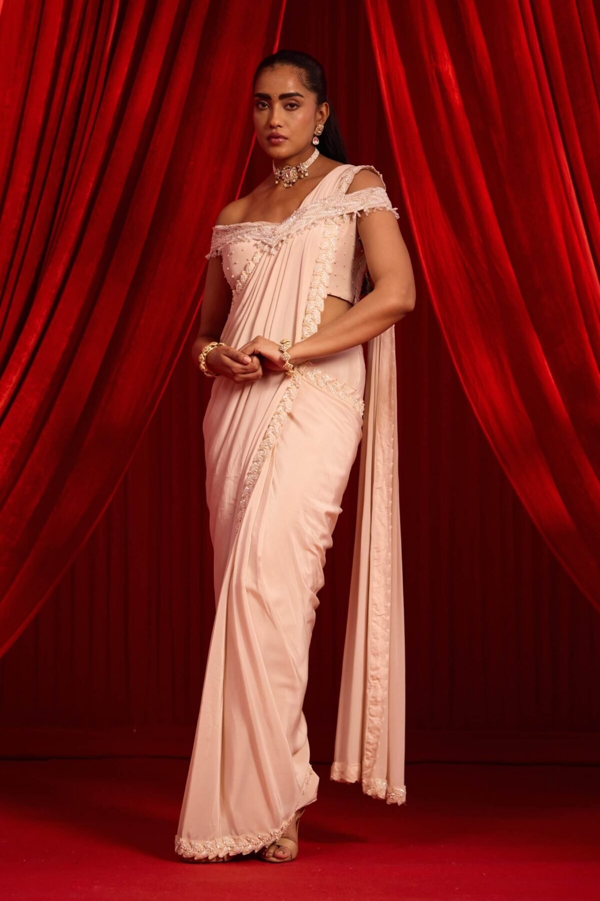 Salmon pink sanyoga gulabi sari and blouse