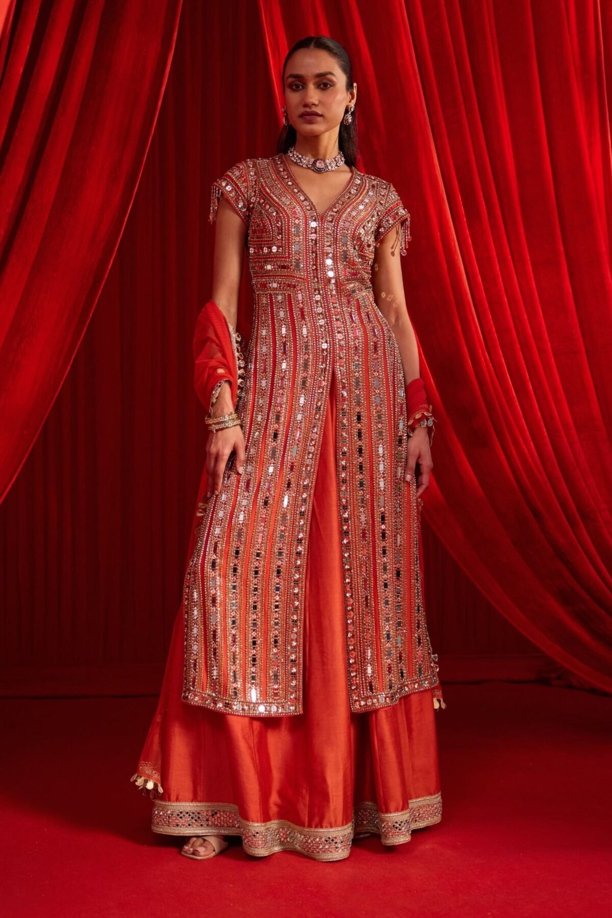 Rust narangi meeras lehenga set