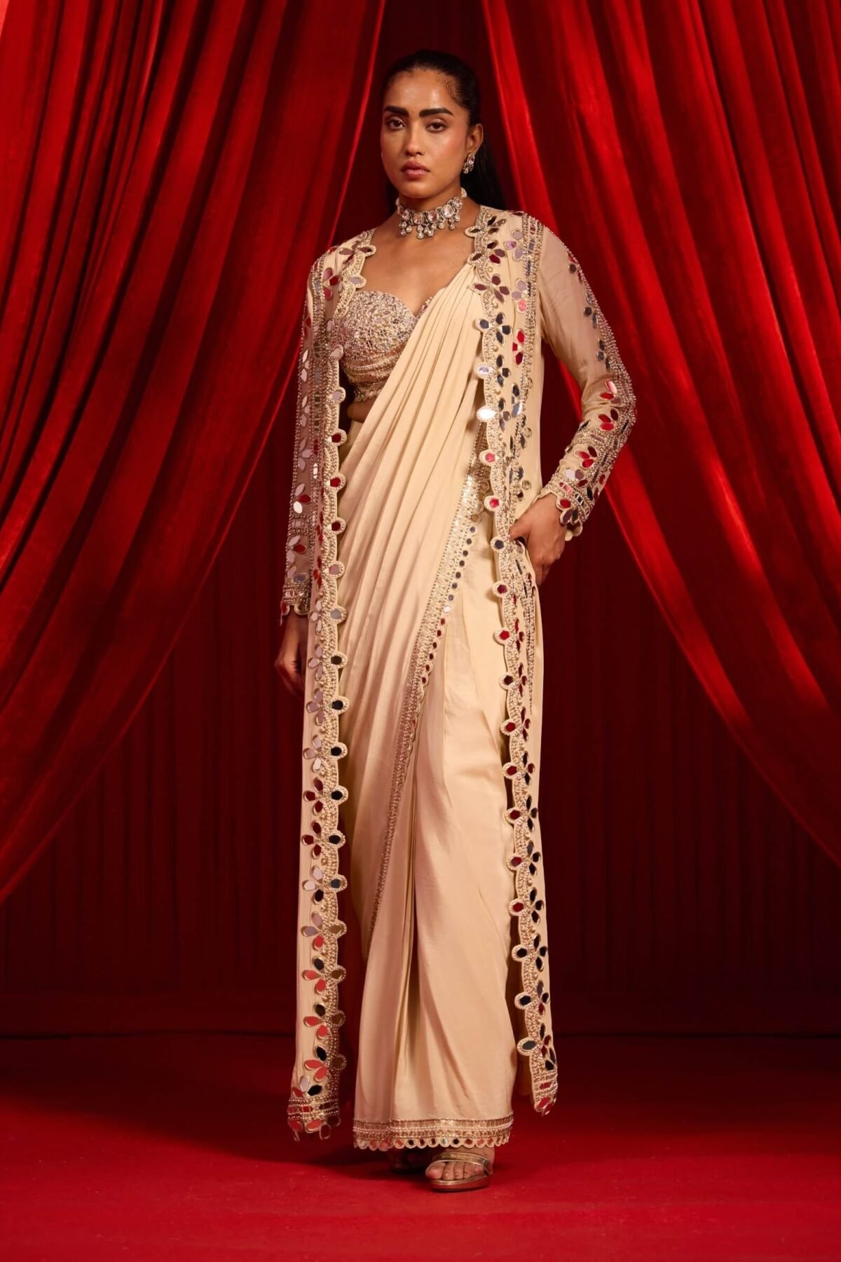 Golden sunheri anvaya sari and cape set