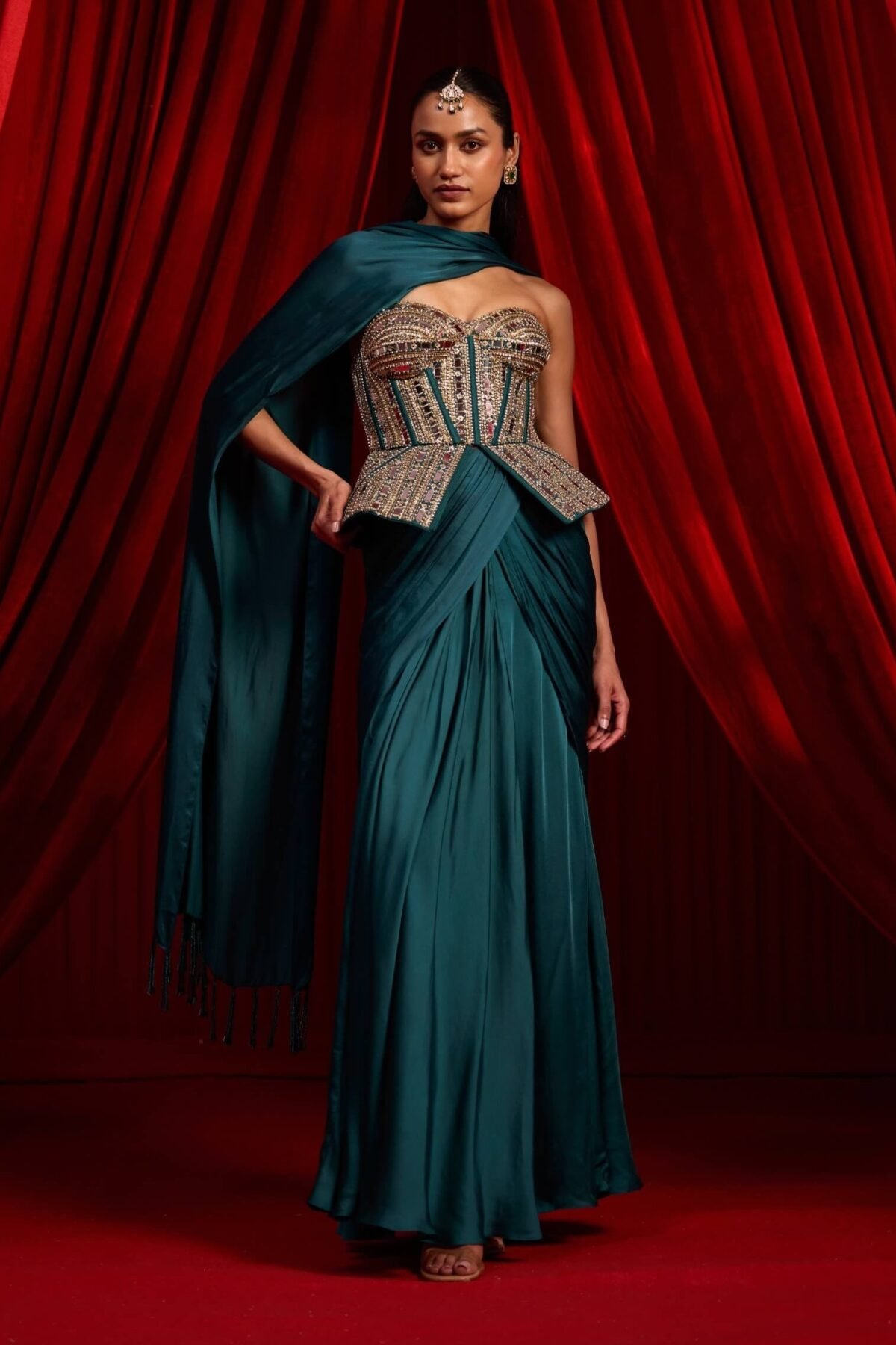 Turquoise haritah sanyoga sari set