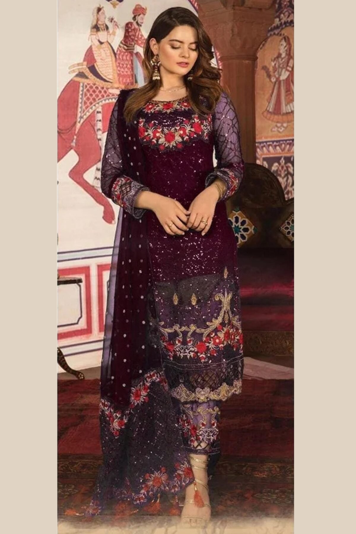 Purple Net Fabric Ready To Wear Nepali Fashion Salwar Kameez