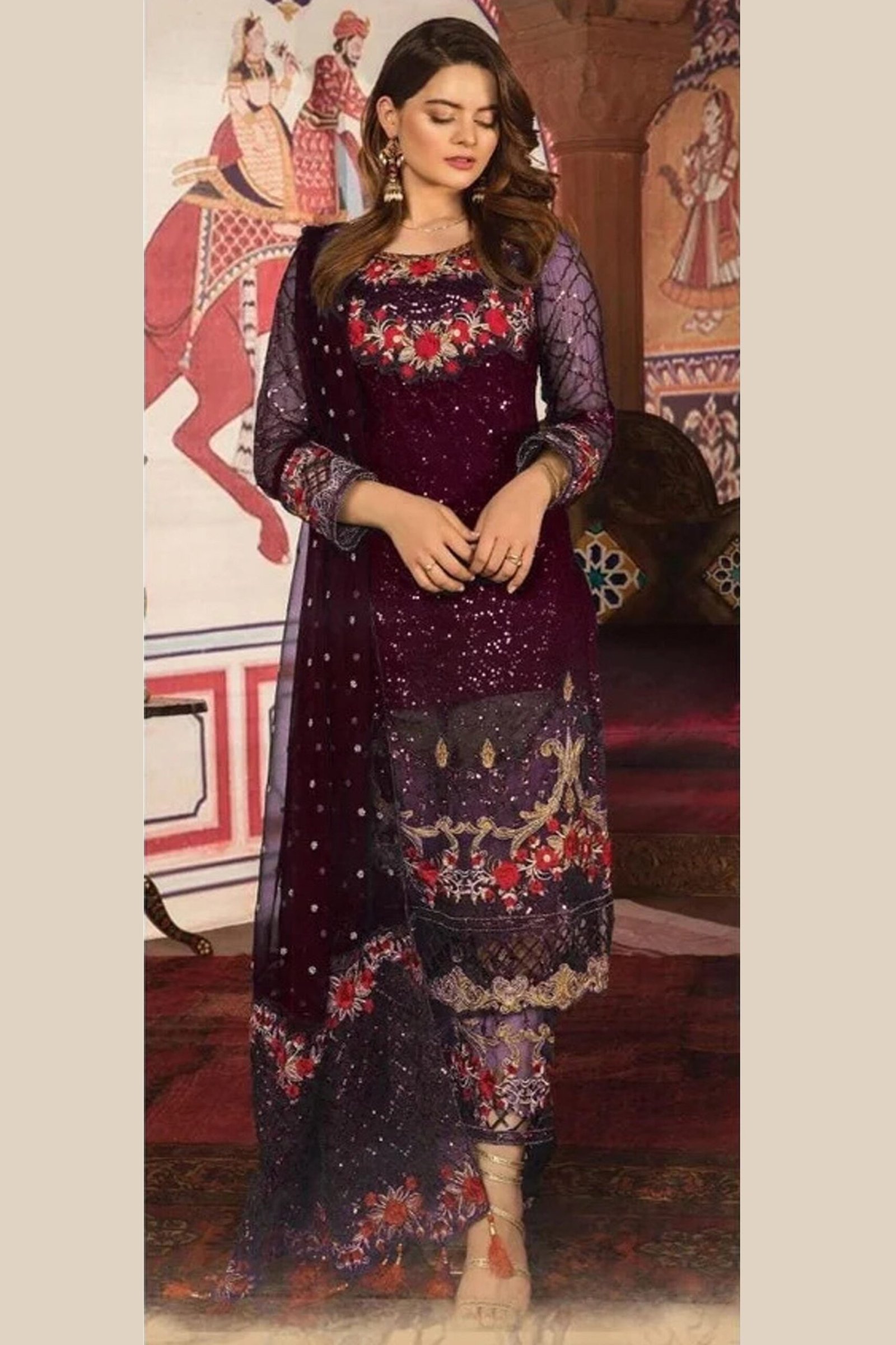 Purple Net Fabric Ready To Wear Nepali Fashion Salwar Kameez