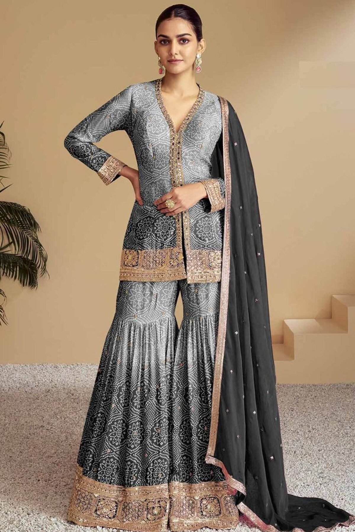 Grey Sharara Suits With Net Dupatta In Embroidered Style