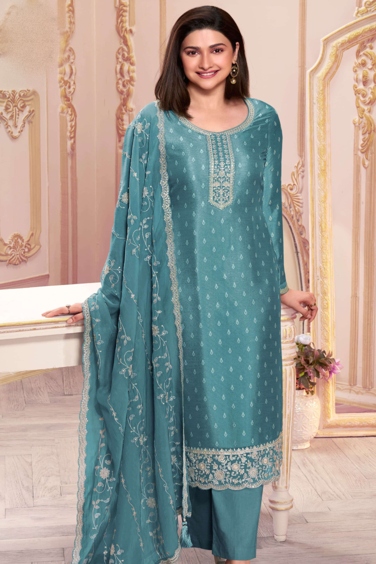 Linen Blue Salwar Kameez With Embroidery Work For Comfort