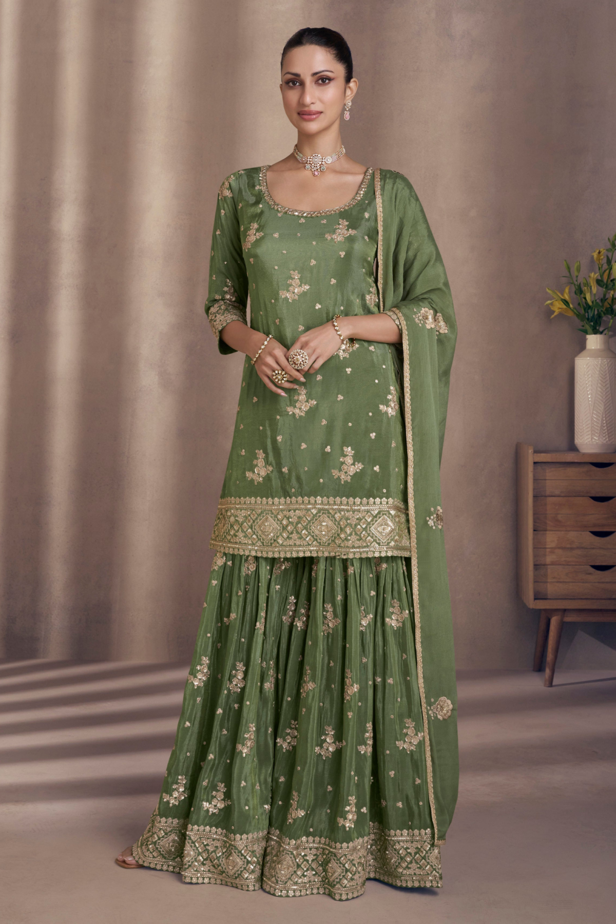 Sharara Suit for Party Wear In Olive Green With Embroidery