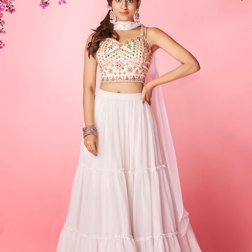 Designer White  Color Lehenga Choli With   Thread And Hand  Work    Wedding Party Wear Lehenga Choli With Dupatta