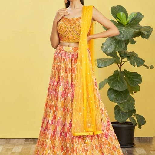 Yellow Real Mirror With Thread, Zari, Sequins Embroidered And Digital Print Work  Lehenga Choli With  Soft  Net  Dupatta