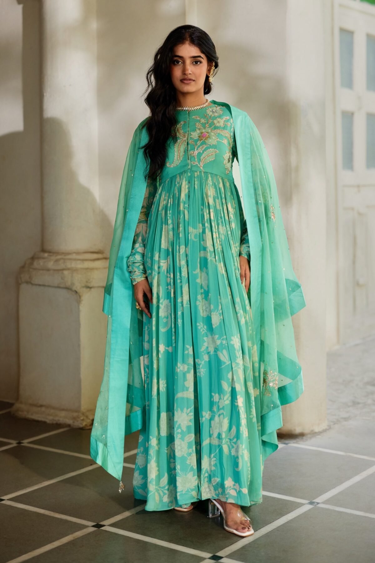 Tiffany blue georgette anarkali with cape