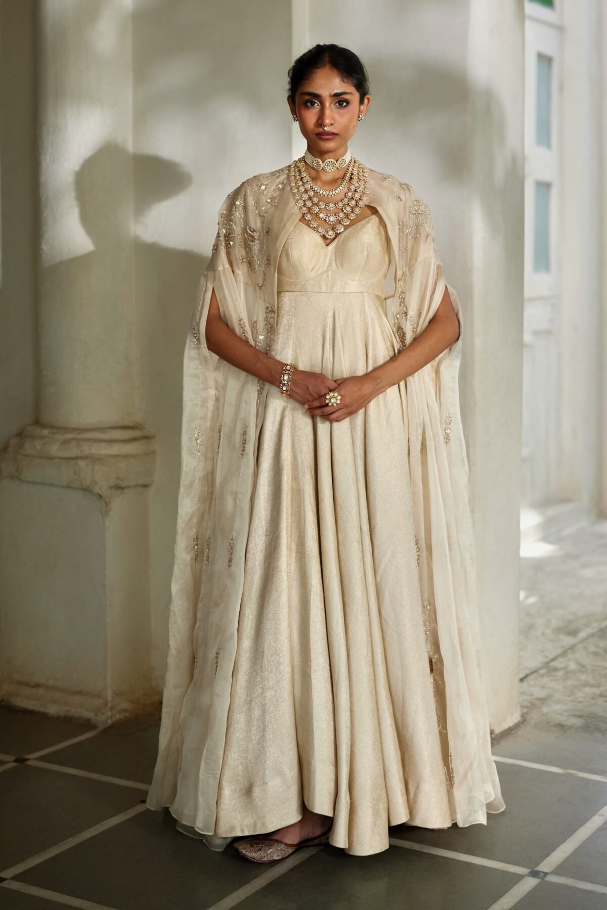 Ivory jamavar anarkali with cape