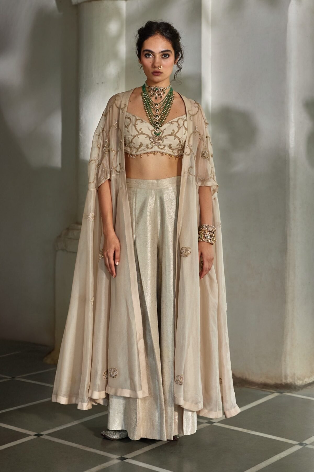 Oatmeal embroidered blouse, palazzos with cape
