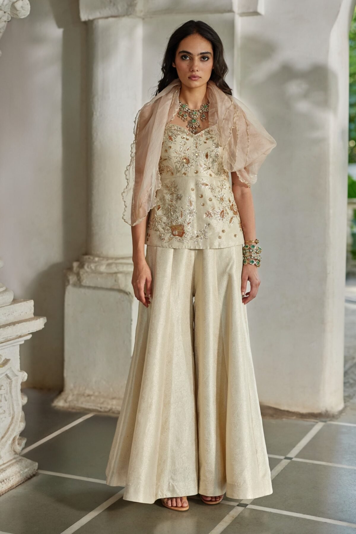 Ivory corset-style kurti and palazzo set