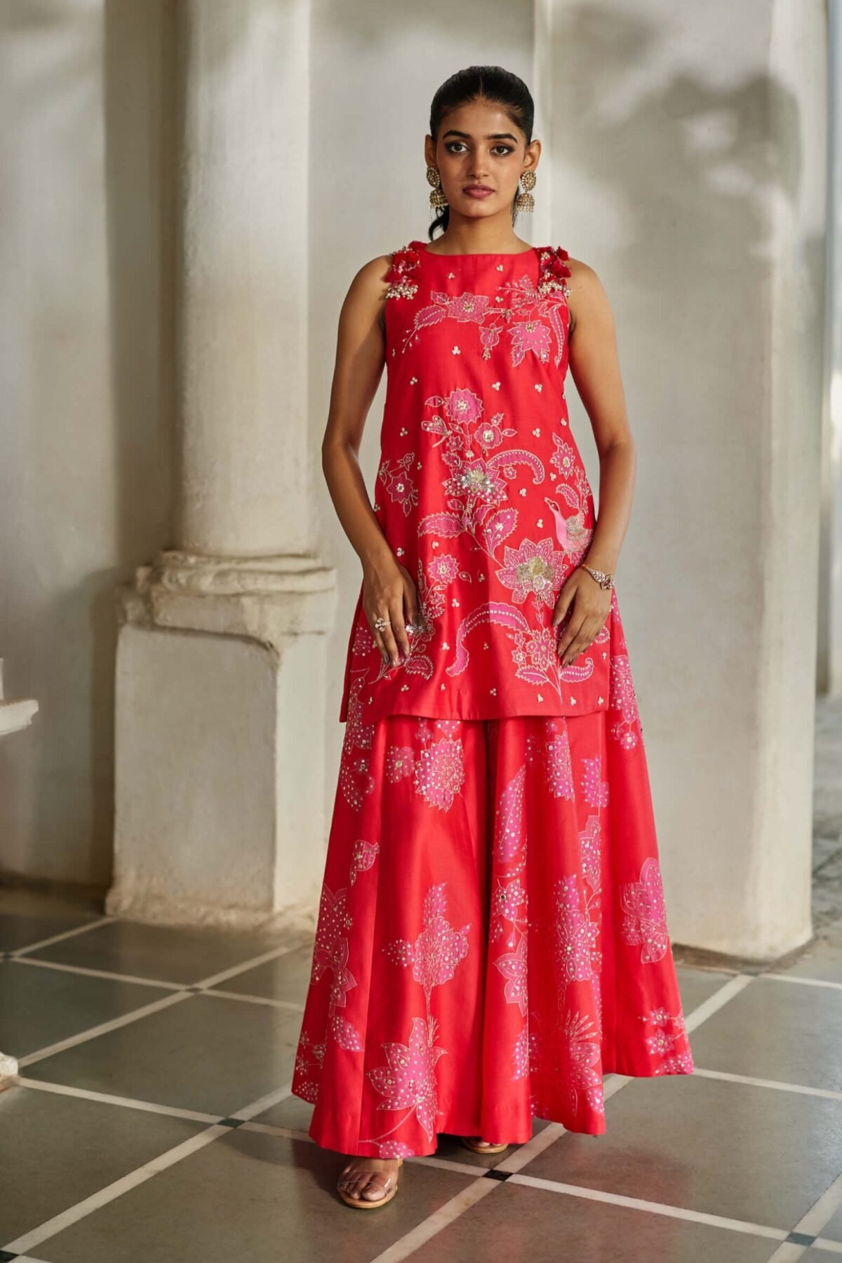Red and pink kurti and palazzo