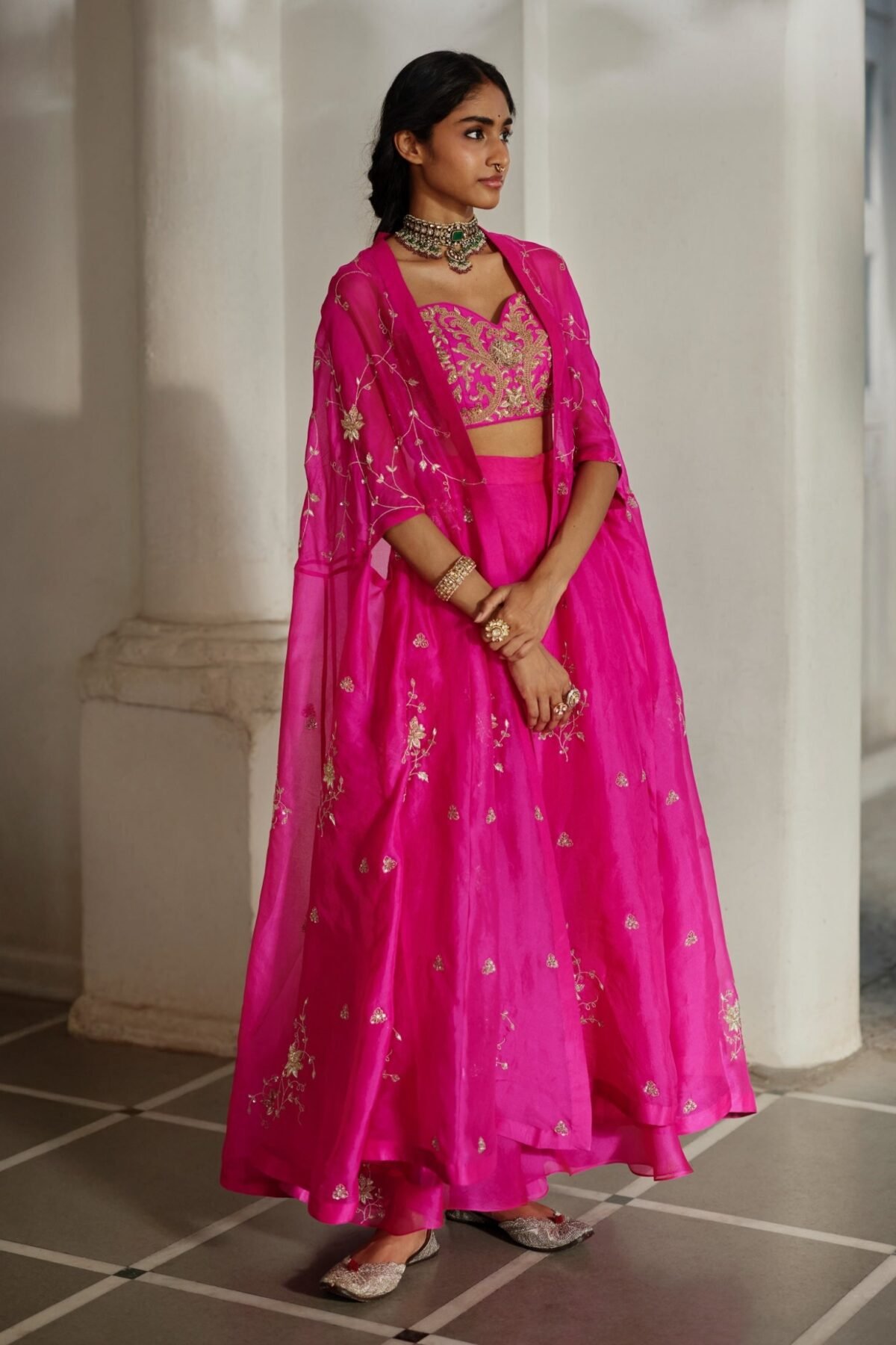 Bright pink embroidered blouse, cape and palazzo