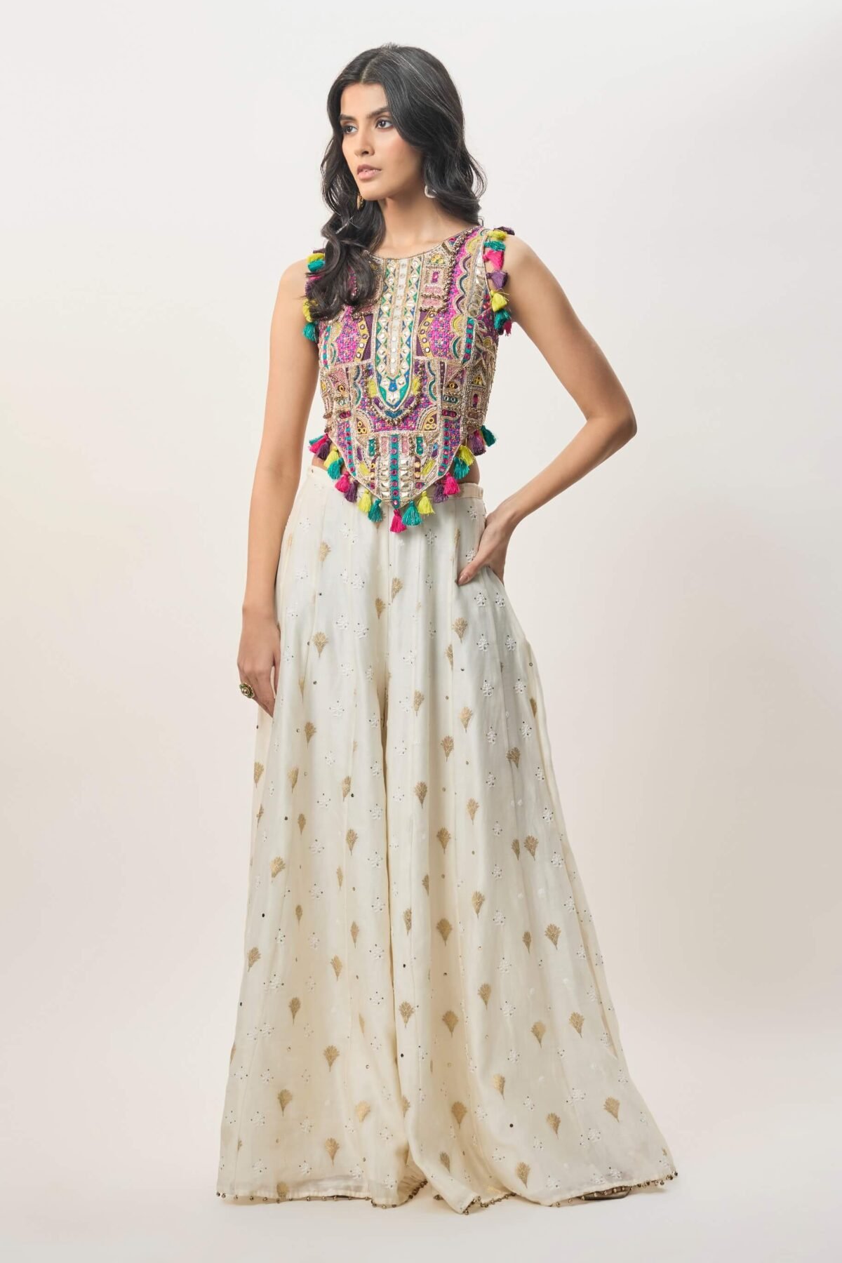 Fez off-white georgette choli and sharara