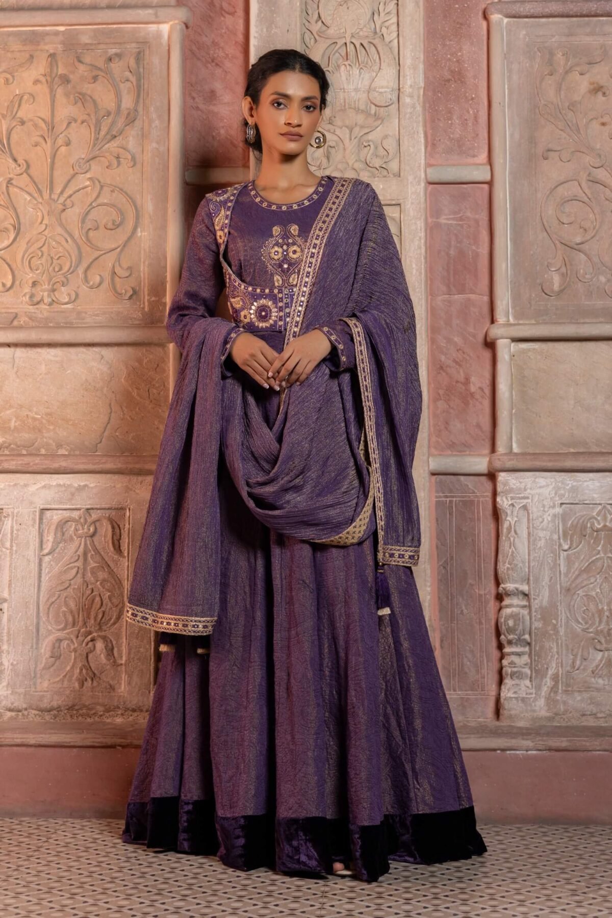 Deep purple raw silk paisley anarkali set