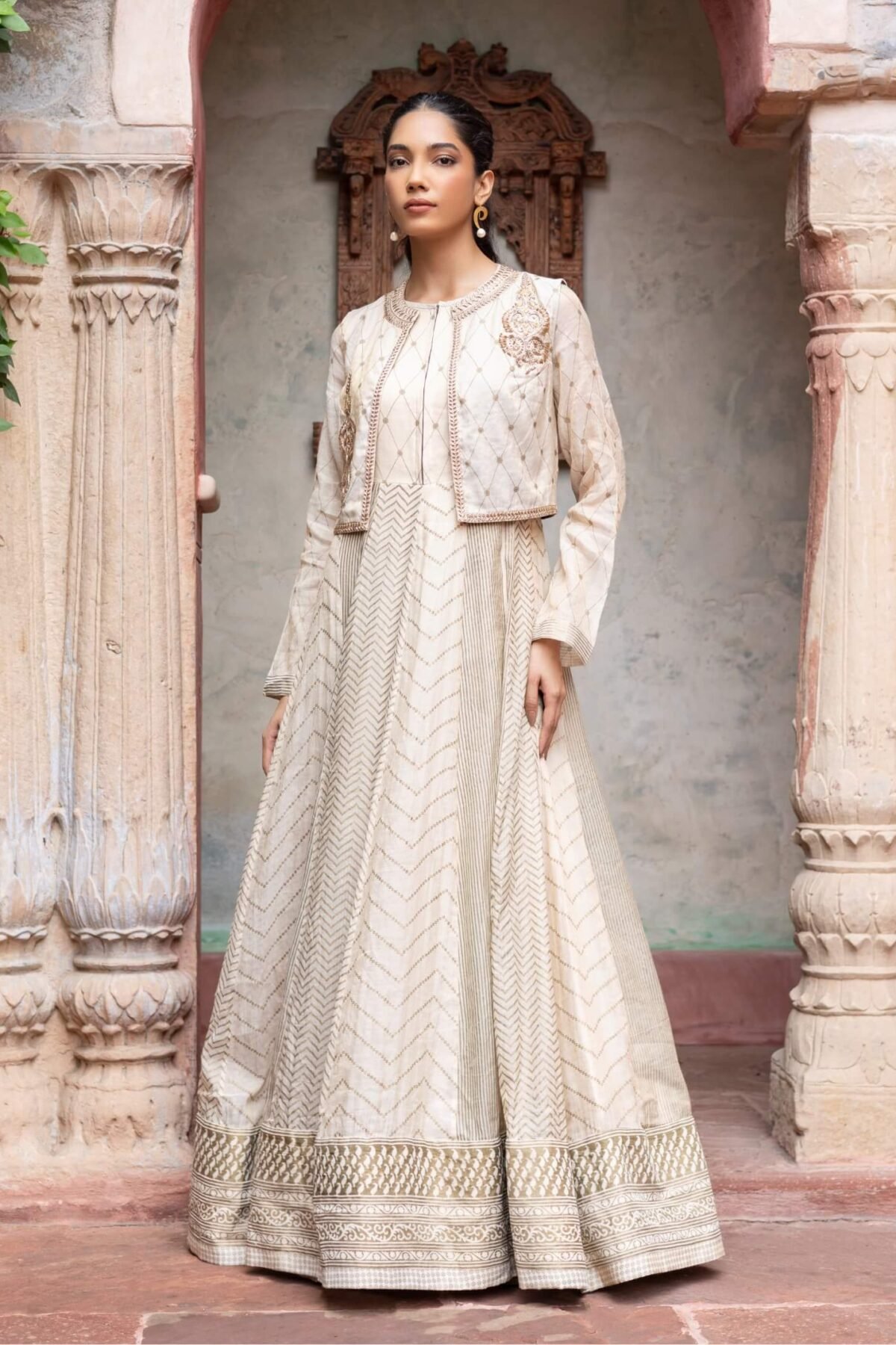 Ivory printed paisley jacket and anarkali