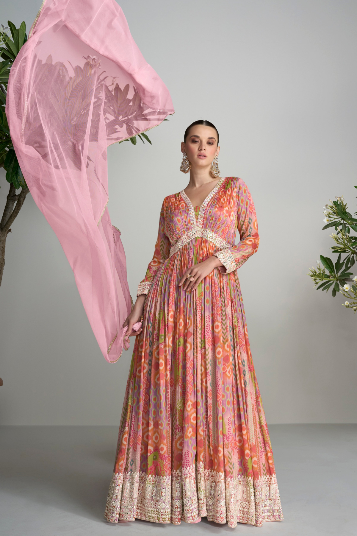 Orange  Anarkali Gown Full Flared Long Dupatta Dress
