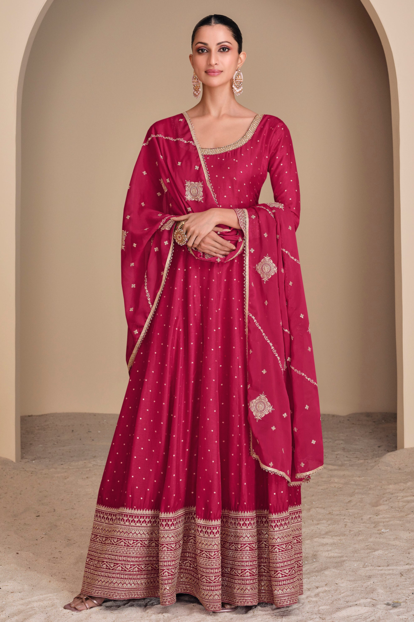 Pink Anarkali Gown Embroidery Worked Dupatta Dresses for Her