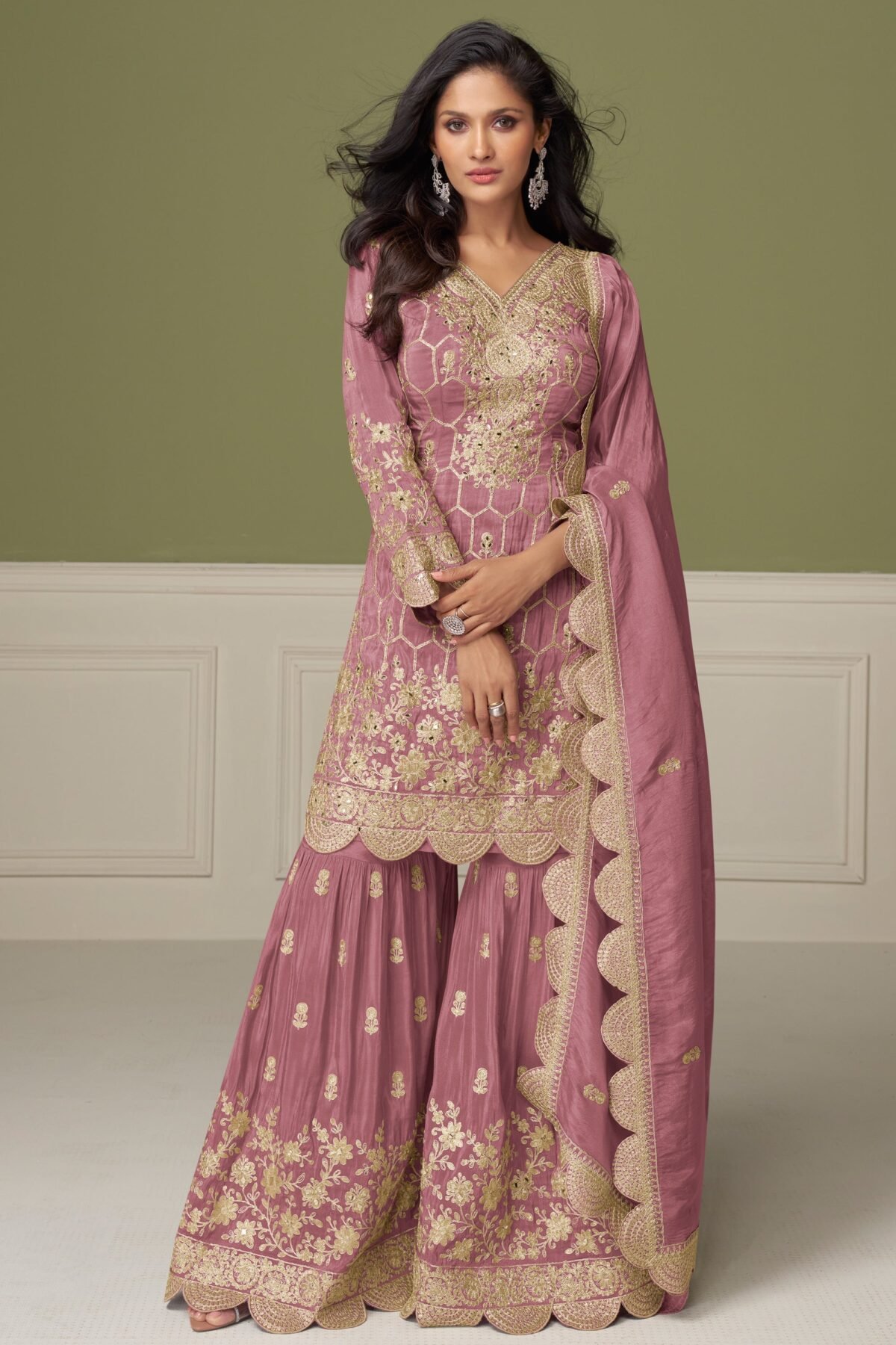 Sharara Suit Online In Rose Gold With Dupatta