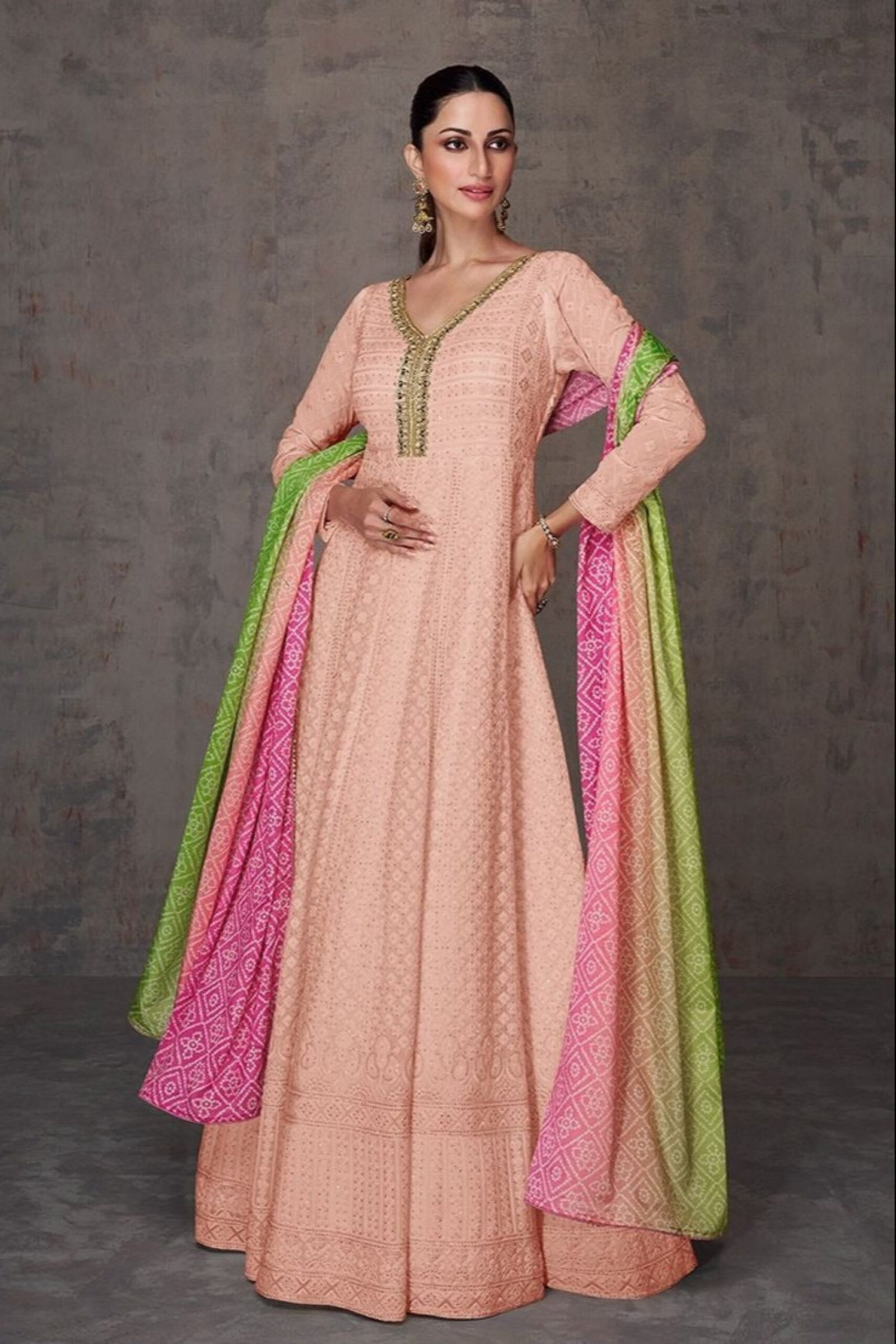 Peach Anarkali Dress Wedding Party Wear Dupatta Suit
