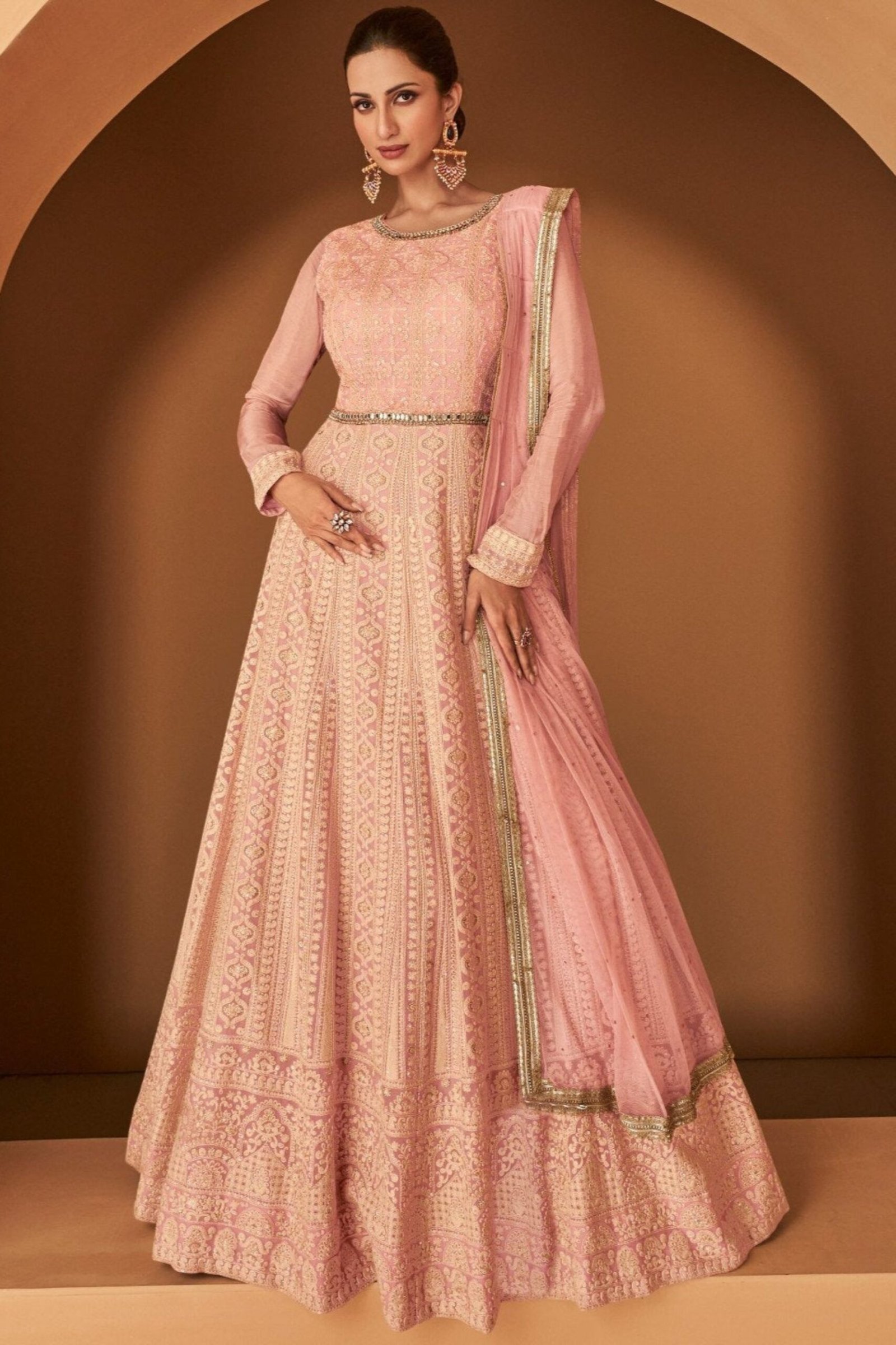 Peach Anarkali Gown With Net Dupatta For Women's Dresses