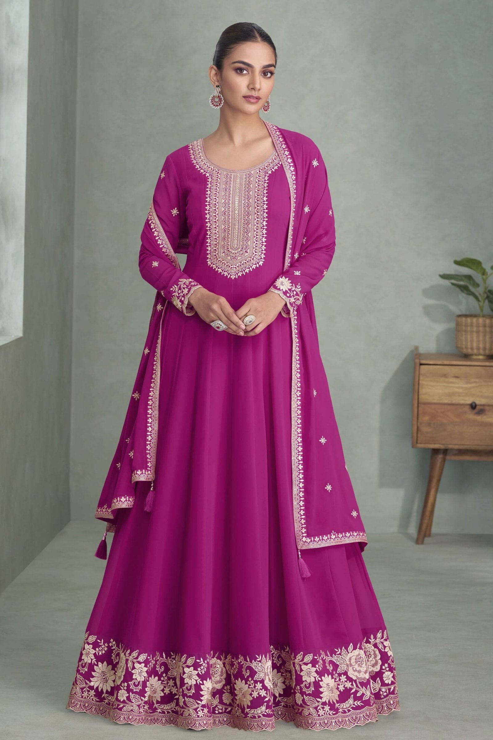 Pink Anarkali Full Flared Long Dupatta Gown for Women's Wear