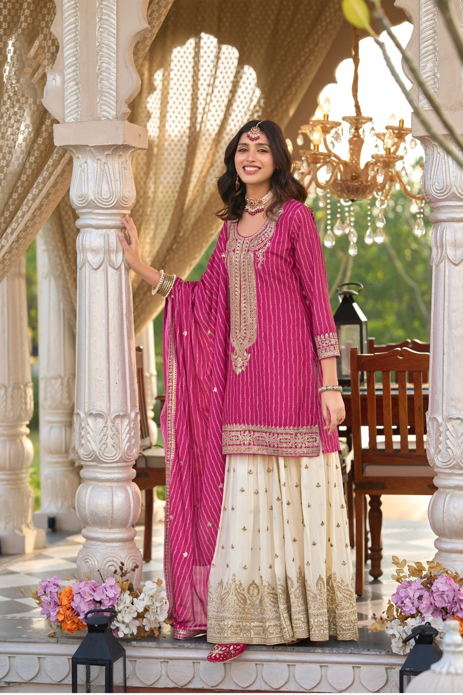 Pink Sharara Outfits With Embroidery For Wedding Events