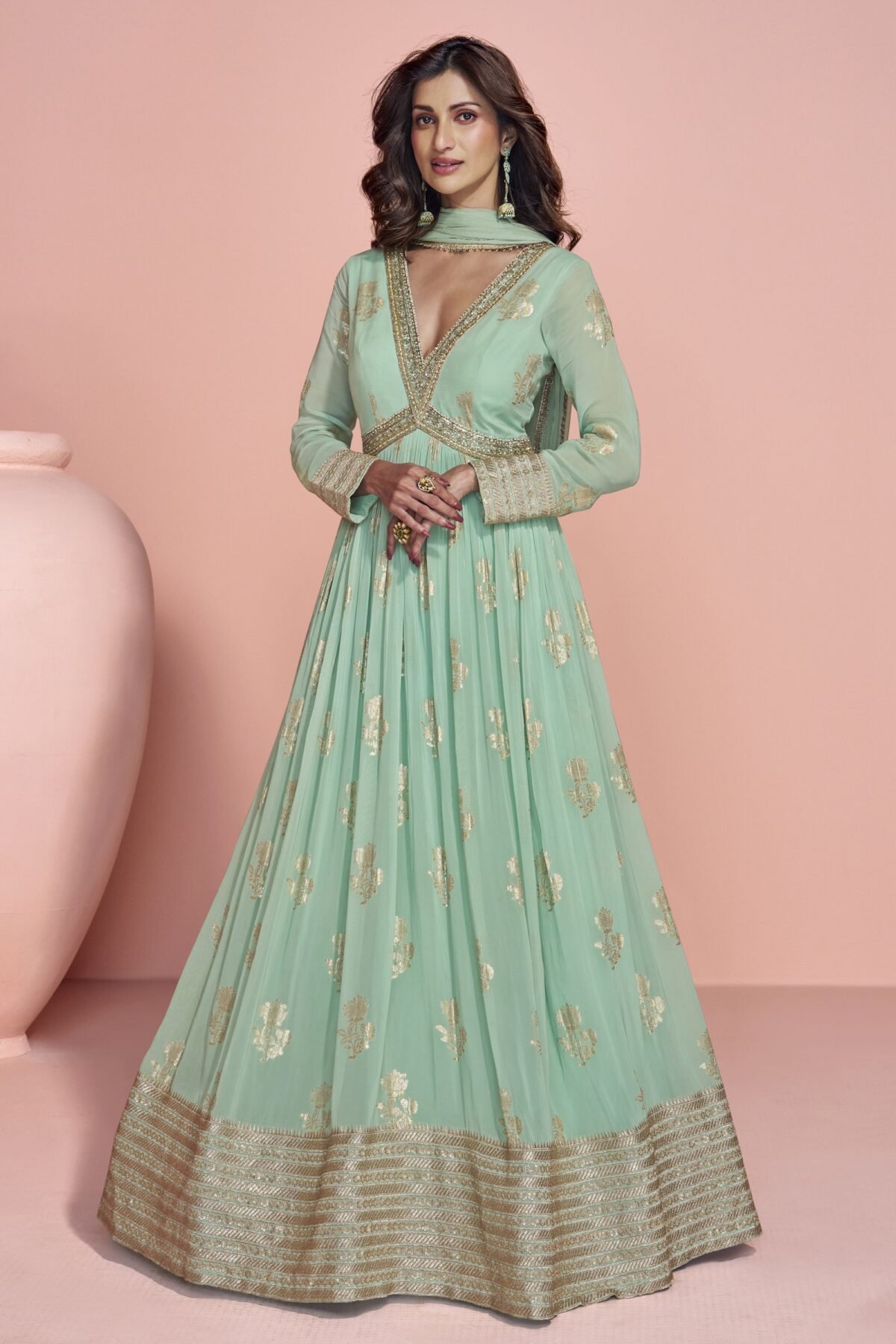 Traditional  Wear Sage Green Anarkali Gown With Dupatta Dress