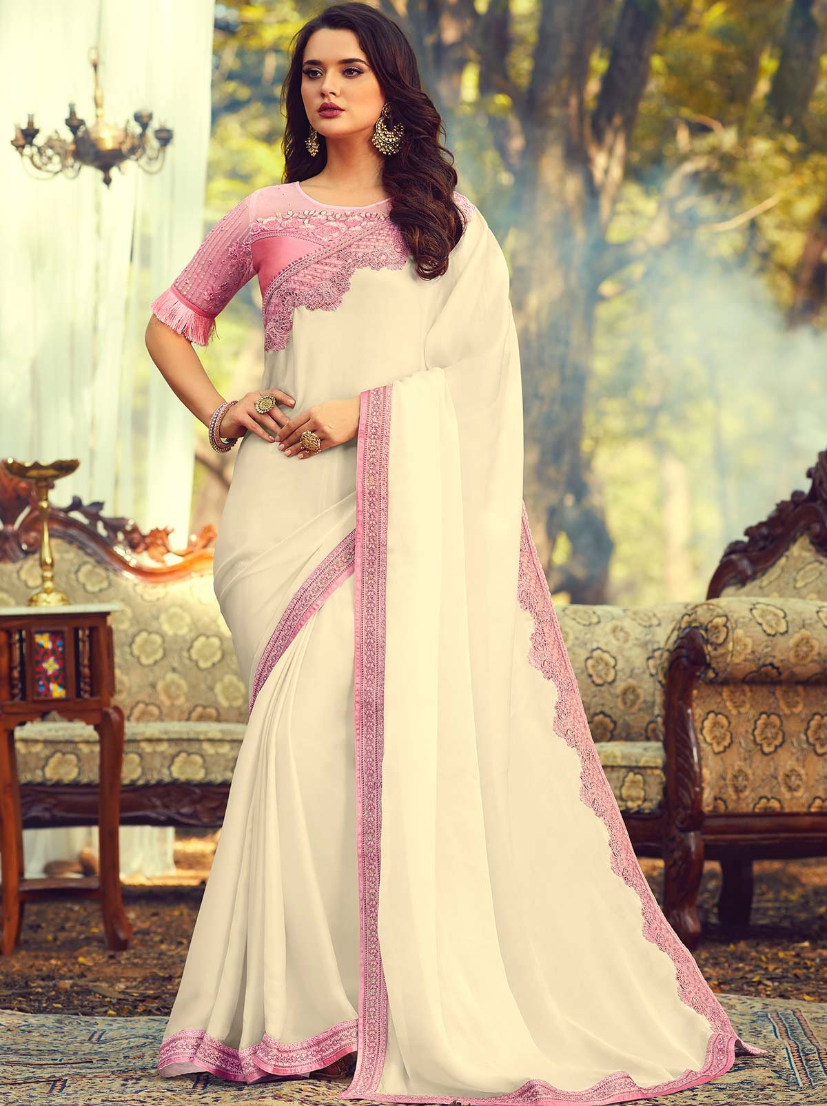 Soothing Cream Colored Designer Saree Embroidered with Sequins Stones