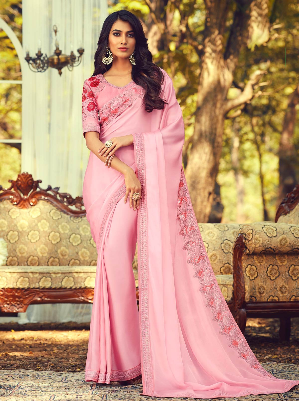 Rani Pink Colored Designer Saree with Heavy Floral Embroidered Sequins