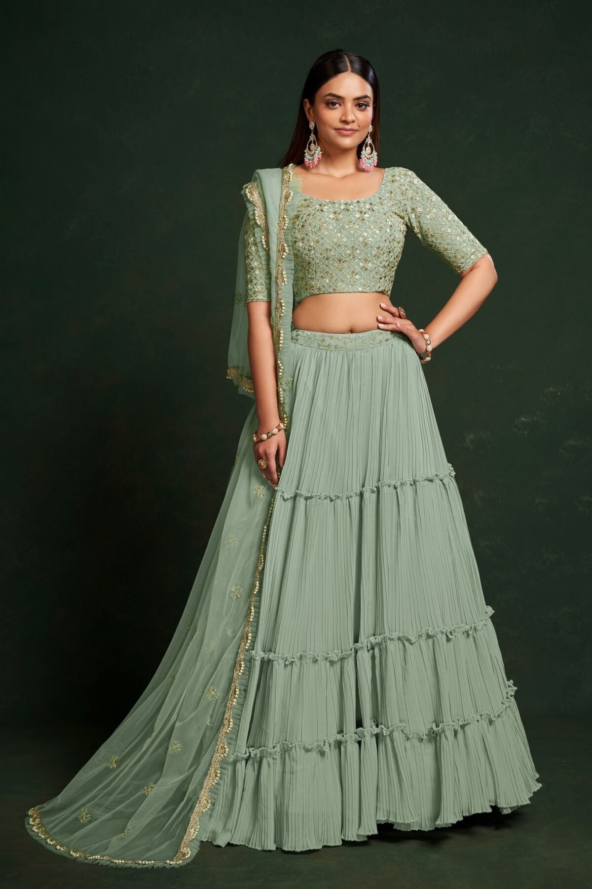 Pista   Thread And  Sequins Embroidery Work  Lehenga Choli With Net  Dupatta