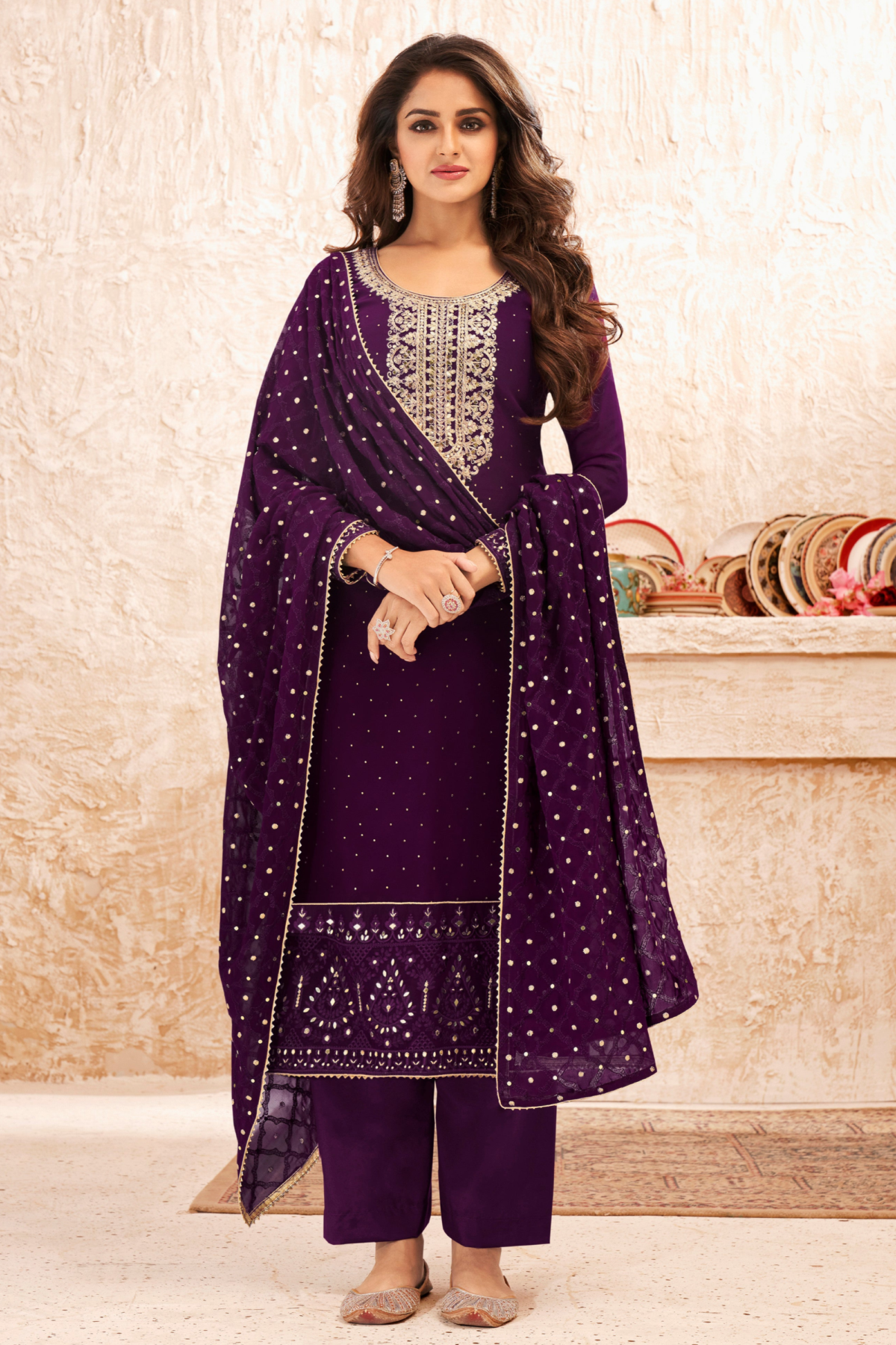 Ready To Wear  Designer Wine Salwar Kameez For Western Women