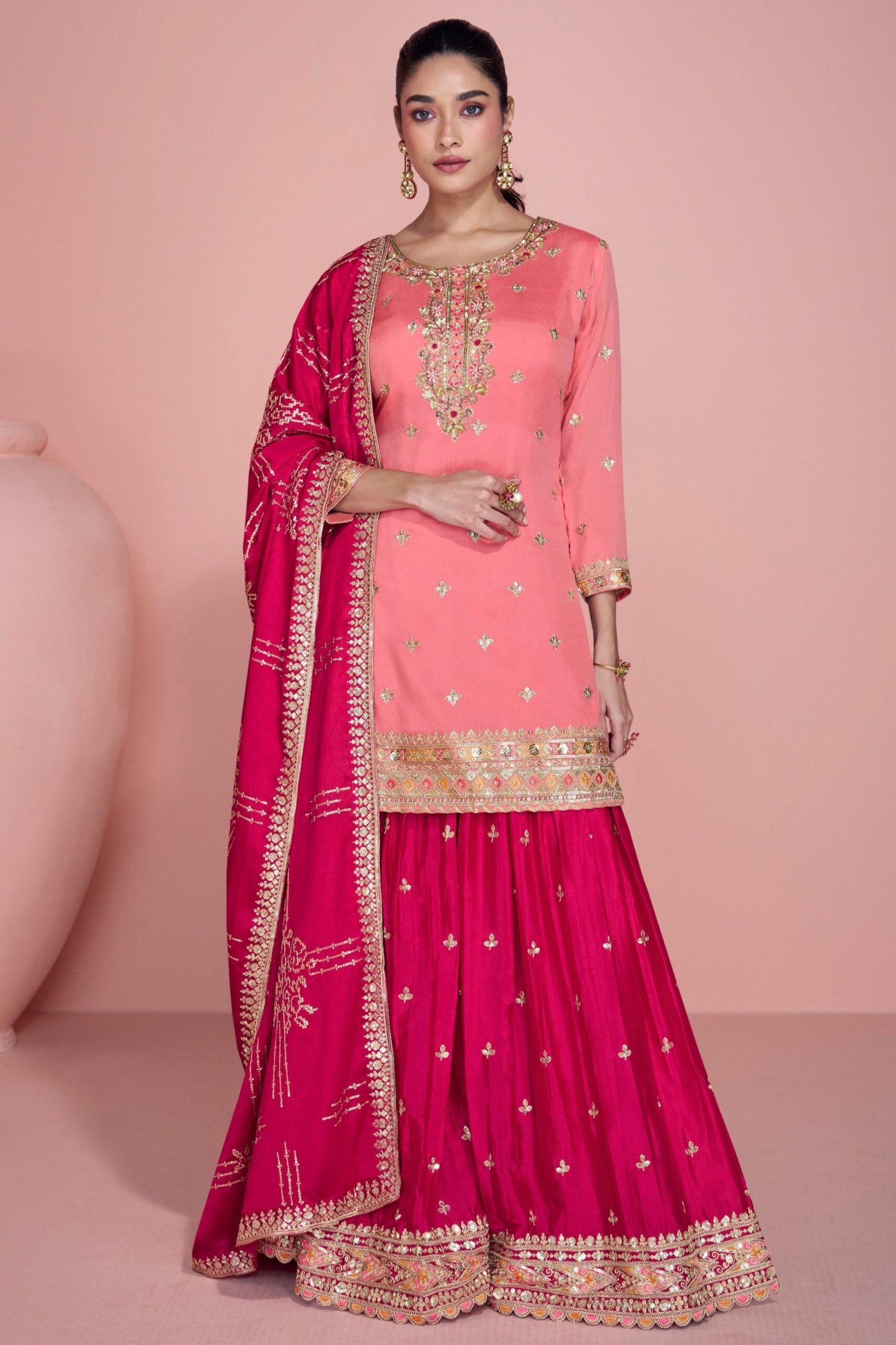 Pink Sharara In Chinon Silk For Wedding Occasions