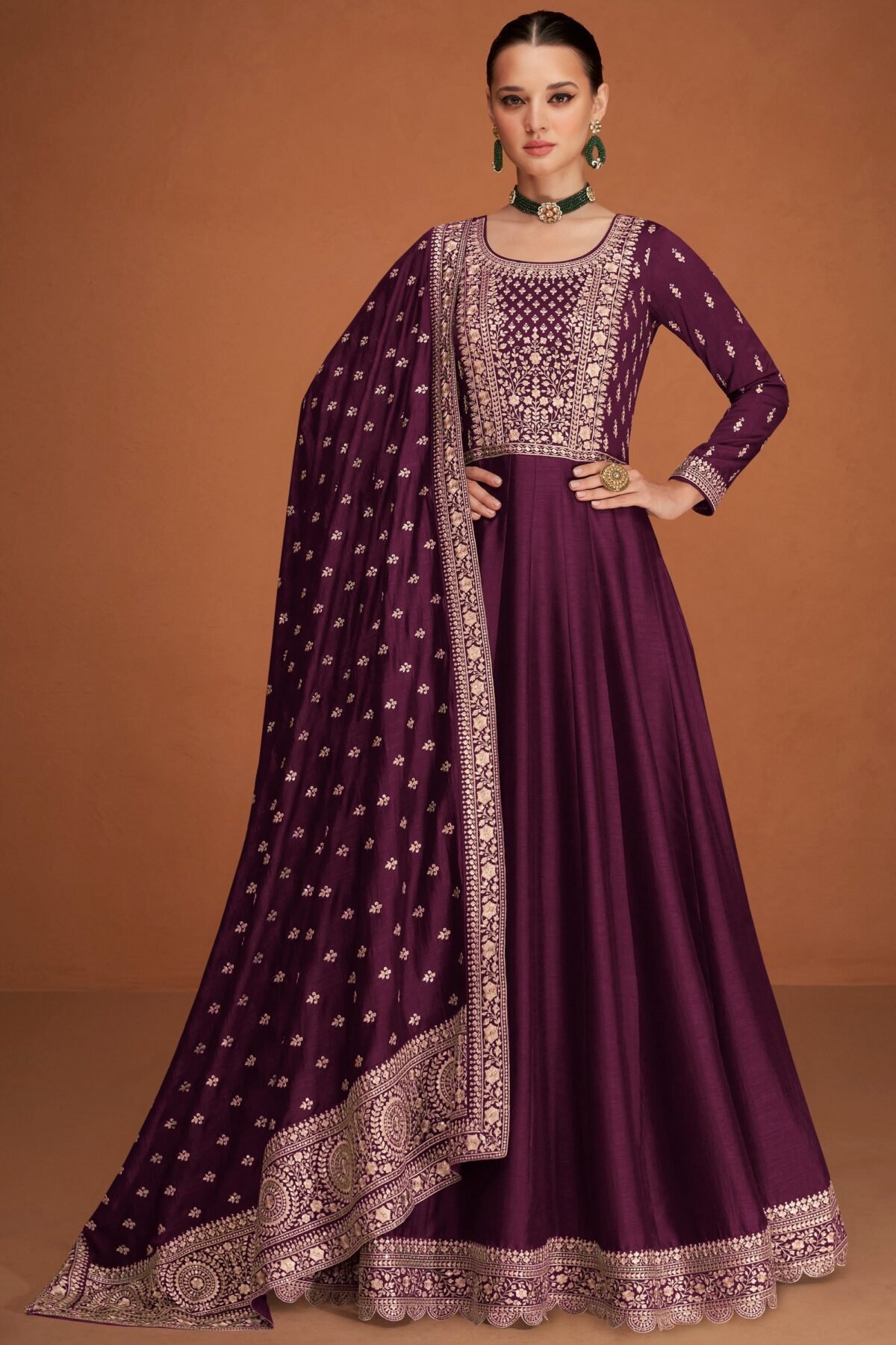 Wine Color Anarkali Dress Dupatta Gown for Women' Party Wear