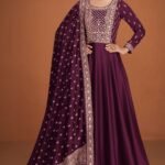 Wine Color Anarkali Dress Dupatta Gown for Women' Party Wear