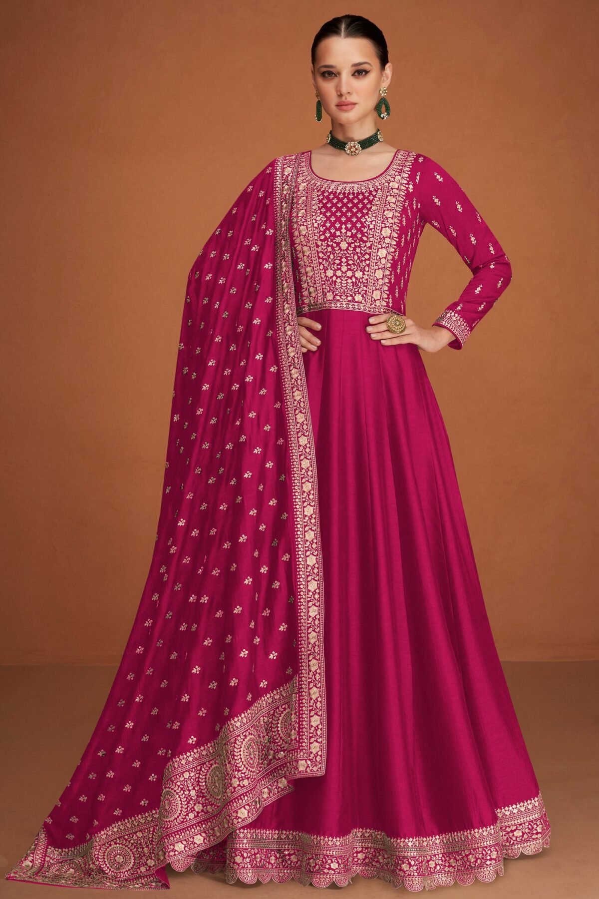 Pink Full Long Embroidery Workeed Anarkali Bazar Suit