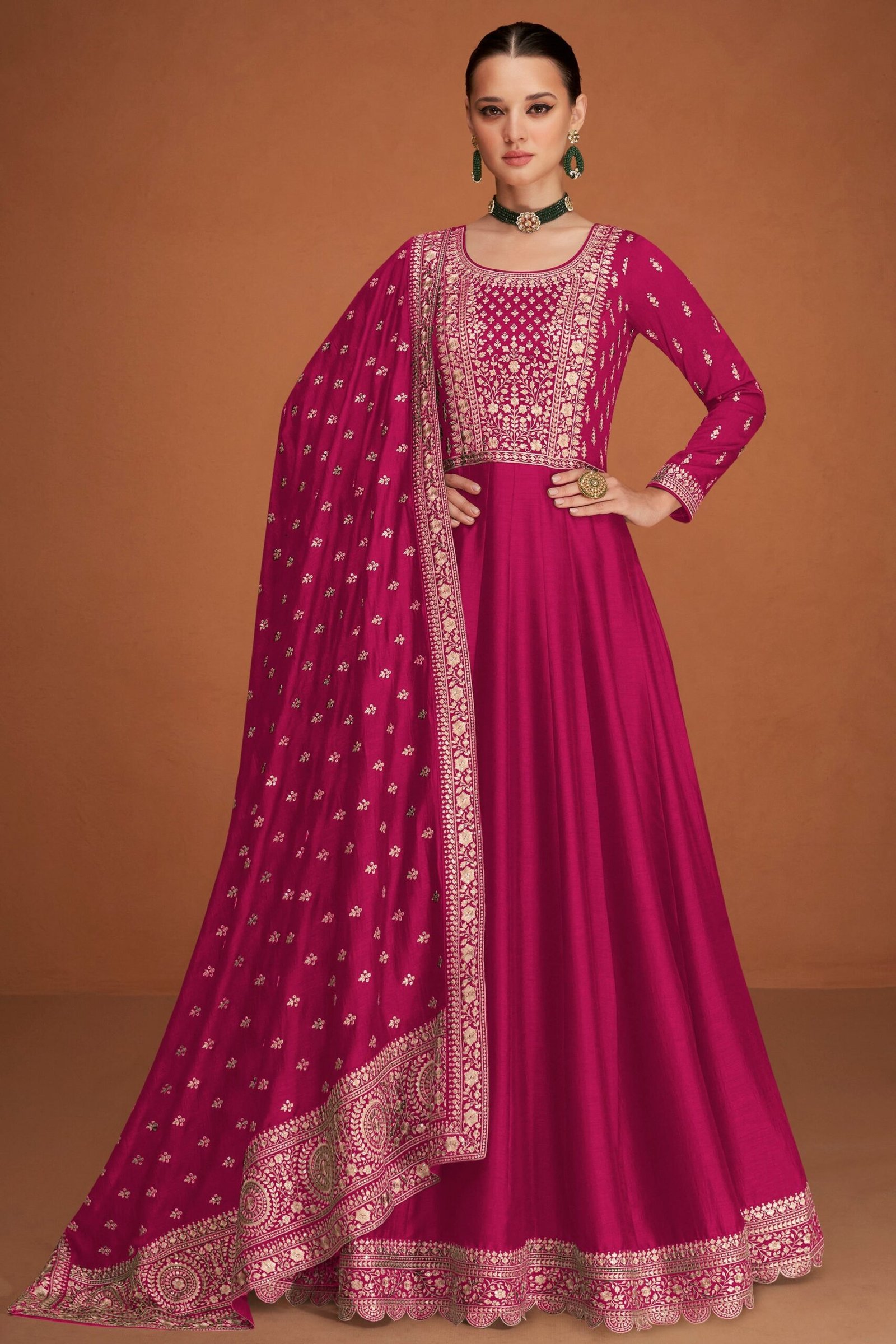 Pink Full Long Embroidery Workeed Anarkali Bazar Suit